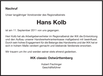 Traueranzeige von Hans Kolb von Gmünder Tagespost
