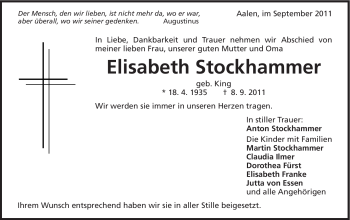 Traueranzeige von Elisabeth Stockhammer von Schwäbische Post