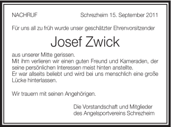 Traueranzeige von Josef Zwick von Schwäbische Post