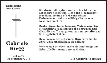 Traueranzeige von Gabriele Riegg von Gmünder Tagespost