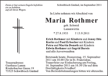 Traueranzeige von Maria Rothmer von Gmünder Tagespost