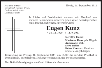 Traueranzeige von Eugen Kunz von Gmünder Tagespost