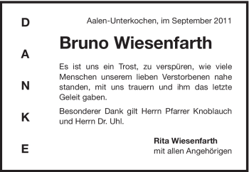 Traueranzeige von Bruno Wiesenfahrth von Schwäbische Post