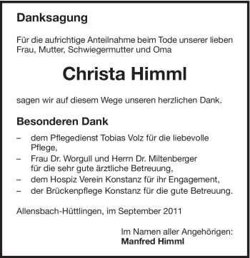 Traueranzeige von Christa Himml von Schwäbische Post