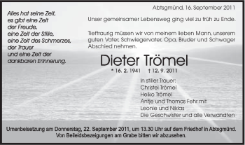 Traueranzeige von Dieter Trömel von Schwäbische Post