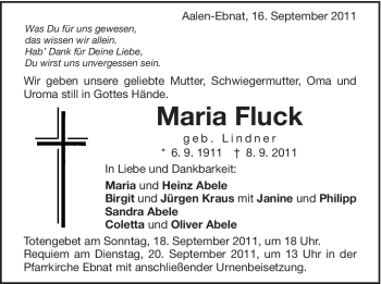 Traueranzeige von Maria Fluck von Schwäbische Post