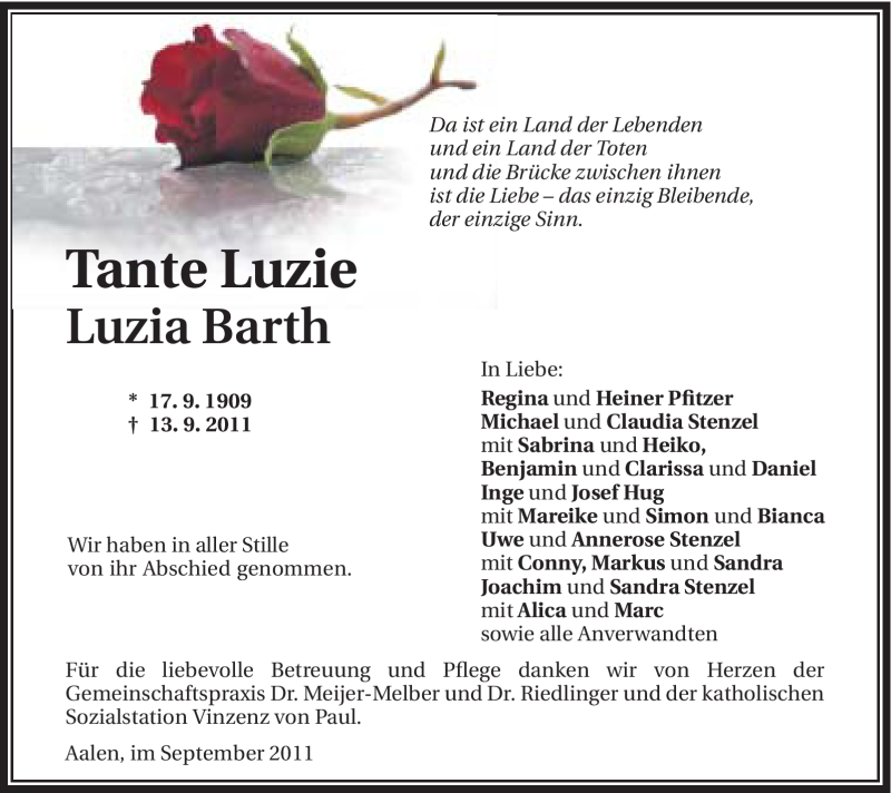  Traueranzeige für Luzia Barth vom 22.09.2011 aus Schwäbische Post