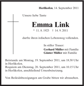 Traueranzeige von Emma Link von Gmünder Tagespost