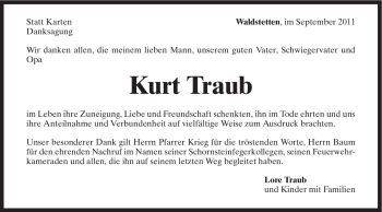 Traueranzeige von Kurt Traub von Gmünder Tagespost