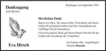 Traueranzeige von Eva Hirsch von Schwäbische Post