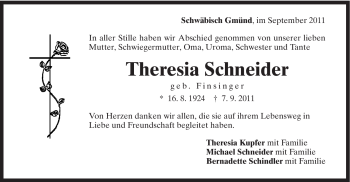 Traueranzeige von Theresia Schneider von Gmünder Tagespost