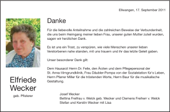 Traueranzeige von Elfriede Wecker von Schwäbische Post