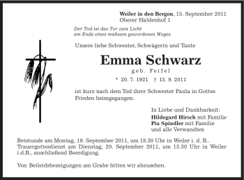 Traueranzeige von Emma Schwarz von Gmünder Tagespost