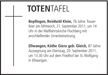 Traueranzeige von Reinhold Klein von Schwäbische Post