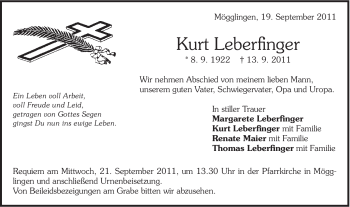 Traueranzeige von Kurt Leberfinger von Gmünder Tagespost