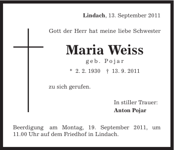 Traueranzeige von Maria Weiss von Gmünder Tagespost