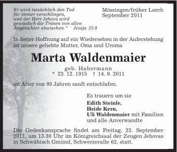 Traueranzeige von Marta Waldenmaier von Gmünder Tagespost