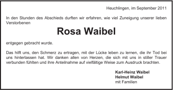 Traueranzeige von Rosa Waibel von Gmünder Tagespost