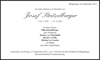 Traueranzeige von Josef Stritzelberger von Gmünder Tagespost