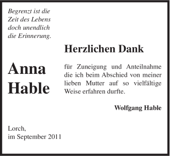 Traueranzeige von Anna Hable von Gmünder Tagespost