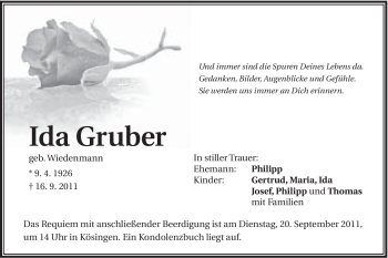 Traueranzeige von Ida Gruber von Schwäbische Post
