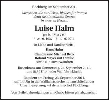 Traueranzeige von Luise Halm von Schwäbische Post