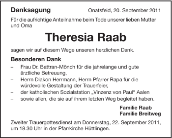 Traueranzeige von Theresia Raab von Schwäbische Post