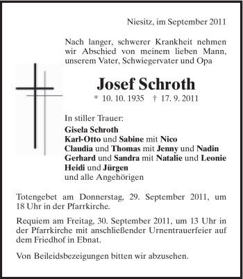 Traueranzeige von Josef Schroth von Schwäbische Post