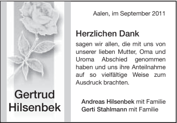 Traueranzeige von Gertrud Hilsenbek von Schwäbische Post