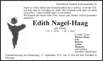 Traueranzeige von Edith Nagel-Haag von Gmünder Tagespost