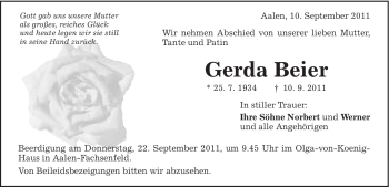 Traueranzeige von Gerda Beier von Schwäbische Post
