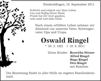 Traueranzeige von Oswald Ringel von Schwäbische Post