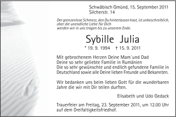 Traueranzeige von Sybille Julia . von Gmünder Tagespost