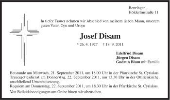 Traueranzeige von Josef Disam von Gmünder Tagespost