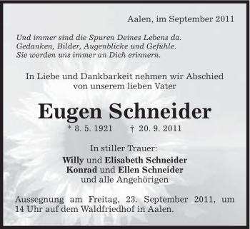 Traueranzeige von Eugen Schneider von Schwäbische Post