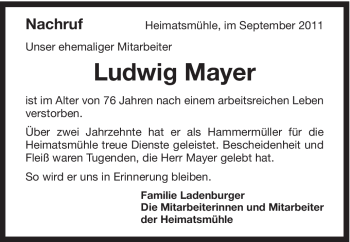 Traueranzeige von Ludwig Mayer von Schwäbische Post