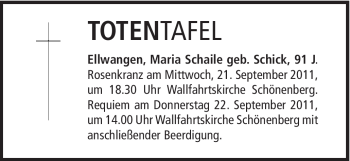 Traueranzeige von Maria Schaile von Schwäbische Post