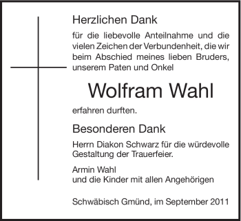 Traueranzeige von Wolfram Wahl von Gmünder Tagespost