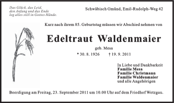 Traueranzeige von Edeltraud Waldenmaier von Gmünder Tagespost