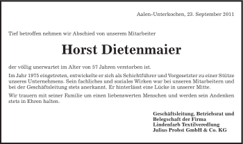 Traueranzeige von Horst Dietenmaier von Schwäbische Post