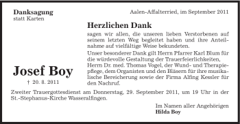 Traueranzeige von Josef Boy von Schwäbische Post