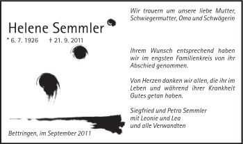 Traueranzeige von Helene Semmler von Gmünder Tagespost