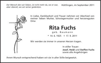 Traueranzeige von Rita Fuchs von Schwäbische Post