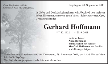 Traueranzeige von Gerhard Hoffmann von Schwäbische Post