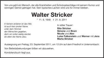 Traueranzeige von Walter Stricker von Schwäbische Post