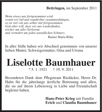 Traueranzeige von Liselotte Baumhauer von Gmünder Tagespost