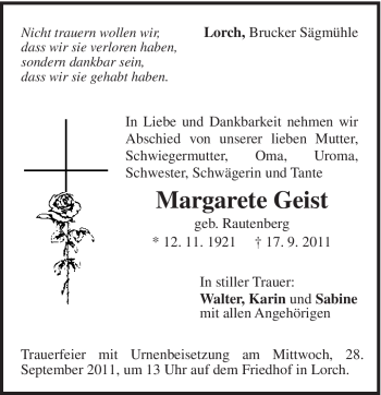 Traueranzeige von Margarete Geist von Gmünder Tagespost