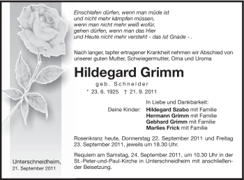 Traueranzeige von Hildegard Grimm von Schwäbische Post