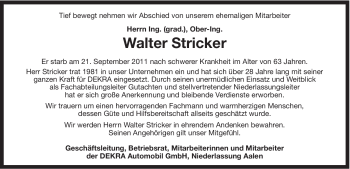 Traueranzeige von Walter Stricker von Schwäbische Post
