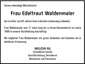 Traueranzeige von Edeltraut Waldenmaier von Gmünder Tagespost